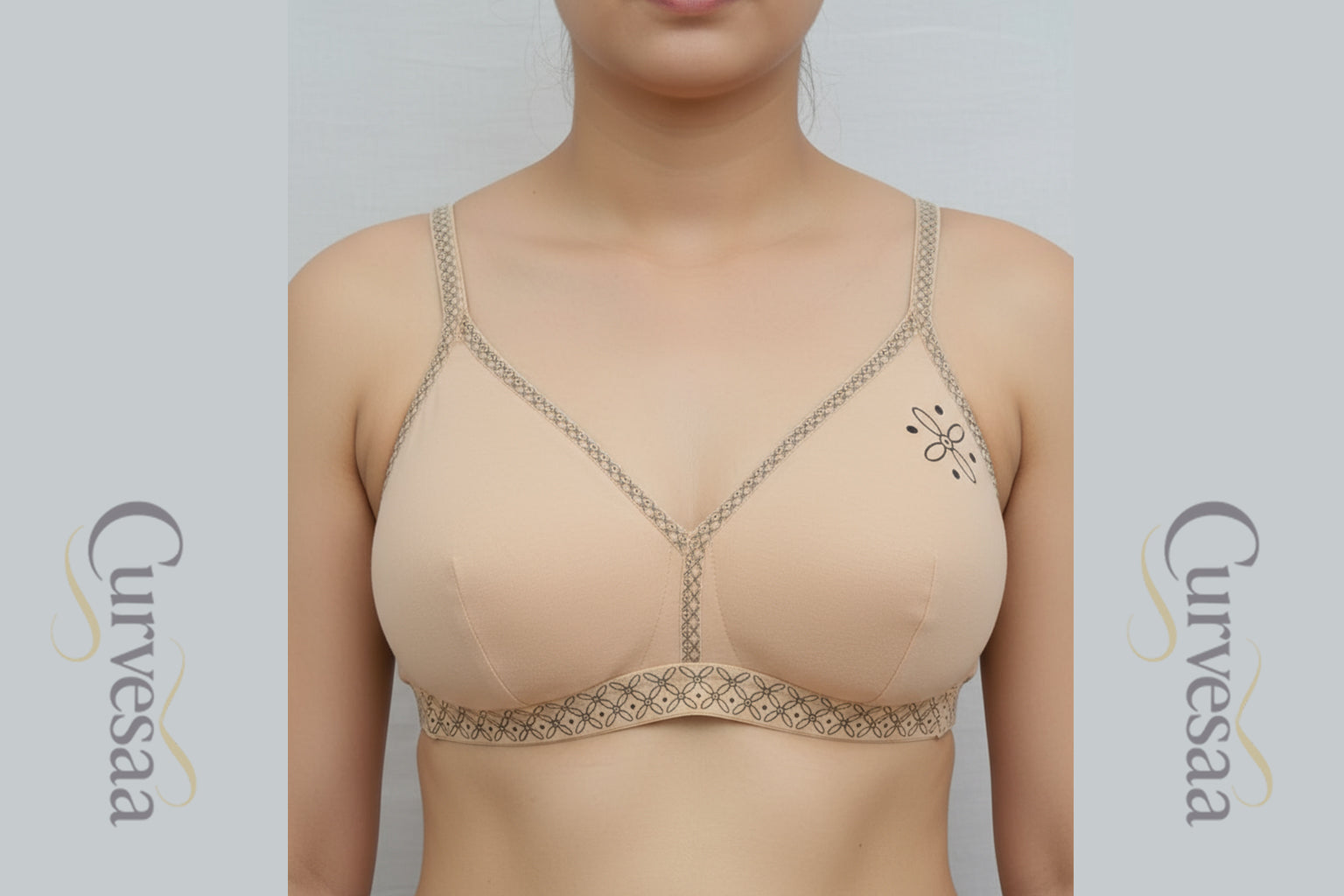 Designer Cotton Lace Bra - Black & Mustard | Cup A & B | Sizes 32-38