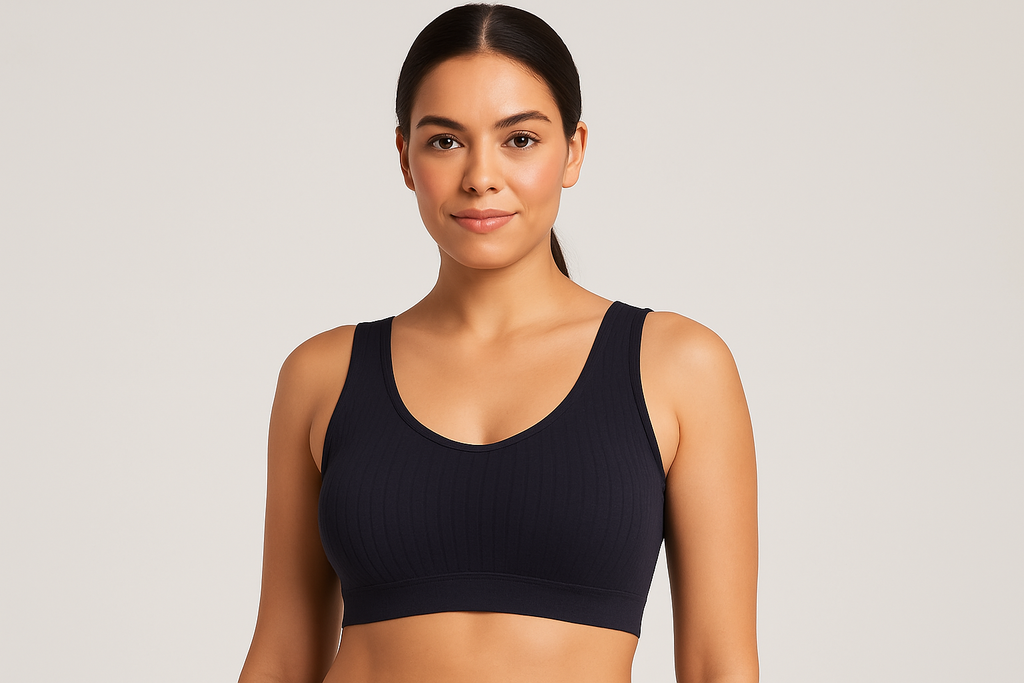 Model wearing dark navy textured bra