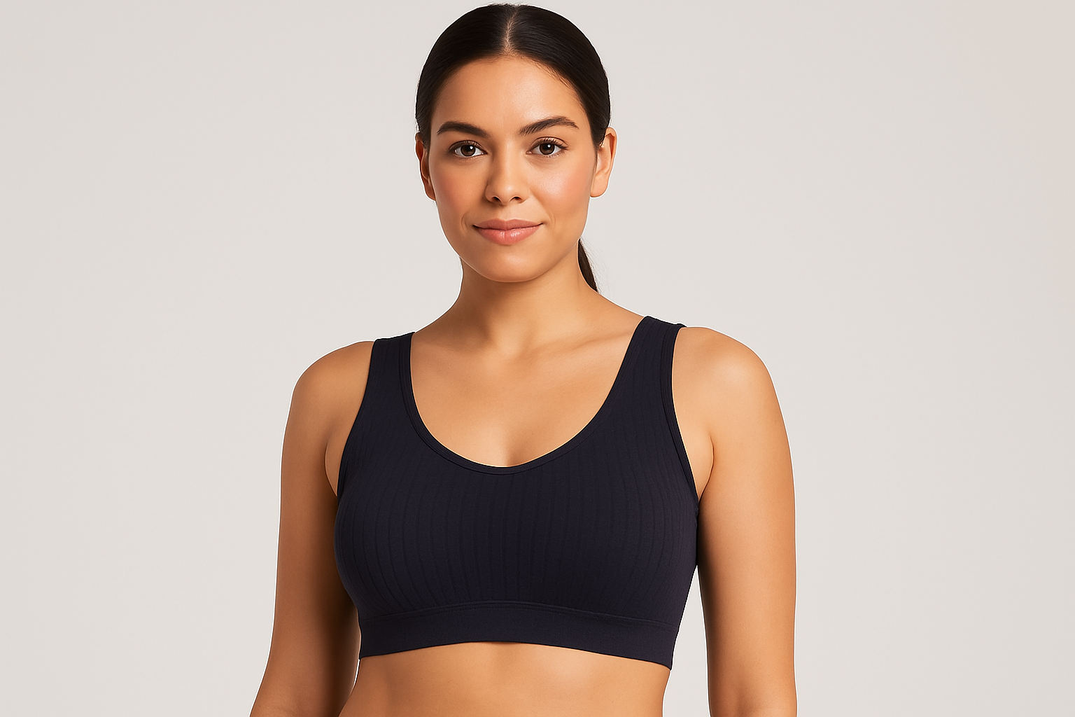 Model wearing dark navy textured bra